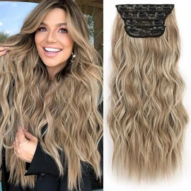 Clip in Long Wavy Synthetic Hair Extension 24 Inch 4PCS 220g Thick Hairpieces Fiber Double Weft Hair for Women (Light Brown Mixed Blonde 24")
