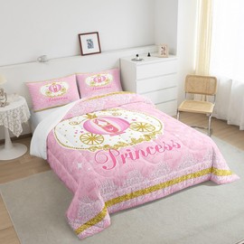 Pink Theme Comforter Set Full Size,Carriage Bedding Set for Girls Women Adult Bedroom Decoration,Kids Princess Style Bed Duvet Insert,Cute Cartoon Comforter with 2 Pillowcase