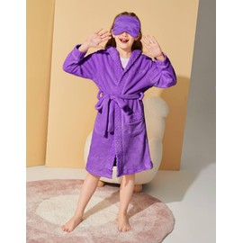 MGEOY Girls Flannel Robe Soft Hooded Terry Coth Robes for Kids With Silk Eye Sleep Mask Purple 8-9