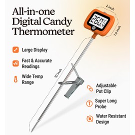 Craft911 Digital Candy Thermometer with Pot Clip, Instant Read Kitchen Thermometer for Cooking, Baking, and Candy Making C 10" Stainless Steel Probe, LCD Display, Essential Baking Tool (Orange)