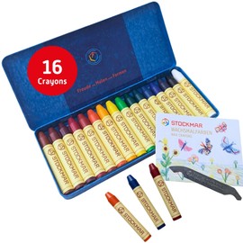 Stockmar Beeswax Stick Crayons, Set of 16 - Non Toxic, Jumbo Crayons, Beeswax Crayons For Toddlers, Kids -Waldorf Homeschool -Waldorf Art Supplies- Includes Storage Tin