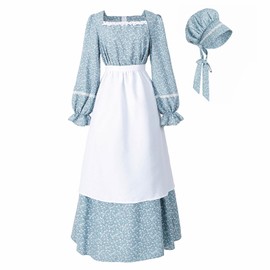 LTAKK Colonial Dress Women Pioneer Costume Prairie Pilgrim Dresses with Bonet and Apron, Morandi Blue, Medium