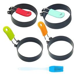 4 Pack Egg Rings,Stainless Steel Frying Ring Tool Non Stick Egg Frying Rings with Folding Handles and Oil Brush for Cooking Breakfast Sandwich Burger(COLOR:black)