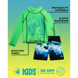Body Glove Toddler Boys Swim Set - 2 Piece UPF 50+ Quick Dry Swim Trunks and Rash Guard for Boys Kids Swimwear (Sizes: 2T-4T), Size 4T, Green Blue Surf