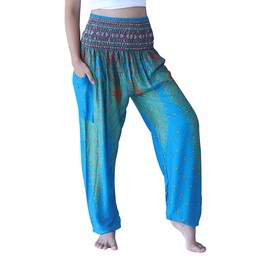 Full Funk Rayon Harem Smock Waist Pants Pocket Straight Peacock Printed Green Blue sz S