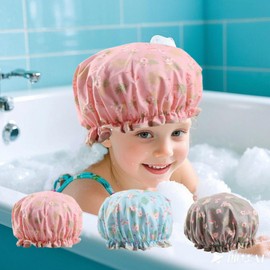 Shower Cap for Kids, 3 Pack Large Reusable Double Layer Waterproof Shower Cap, Washable Plastic Toddler Shower Caps, Elastic Band Bath Hair Cap for Women Girls Spa Salon (Flamingo)