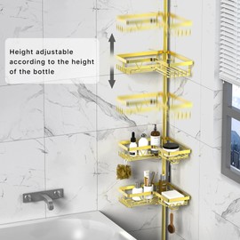 KEGII Corner Shower Caddy Tension Pole, 4-Tier Shower Tension Rod Organizer No Drilling, Floor to Ceiling Bathroom Caddy 25-114.2 inch, Adjustable Bath Tub Shampoo Holder for Corner, Gold