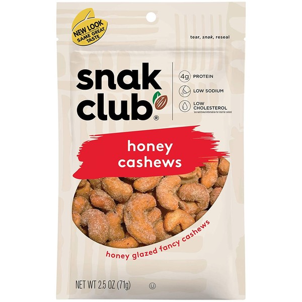 Snak Club Honey Cashews, Non-GMO, 2.5 Ounces, 6 Count
