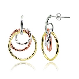 Tri-Color Sterling Silver Polished Intertwined Triple Hoop Stud Earrings