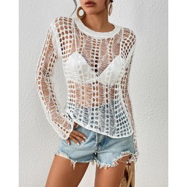 Bsubseach Women Bikini Cover Up See Through Crochet Top Hollow Out Bathing Suit Coverups White M
