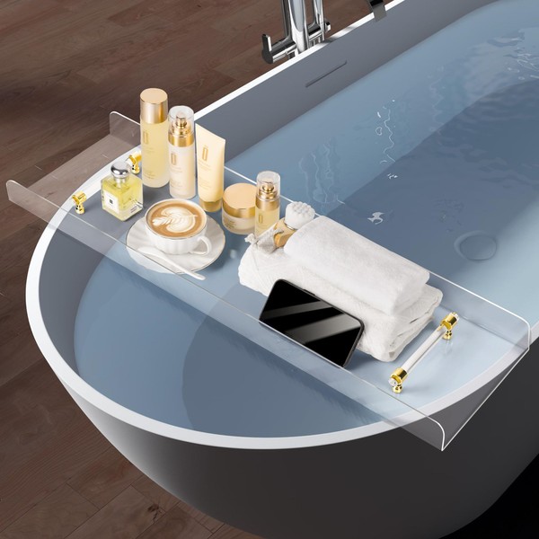 Bathtub Tray, Waterproof Acrylic Bathtub Caddy with Convenient Handle, Clear Acrylic Tray for Bathroom, Bathtub Caddy Tray for Luxury Bath, Large-Capacity Storage, Compatible with Various Bathtubs