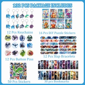 132 Pcs Dragon Birthday Party Favors Set Including Keychains Slap Bracelets DiY Puzzle Stickers Button Pins Bookmarks Stickers Western Dragon Theme for Kids Teens Adults Birthday Decorations Gifts