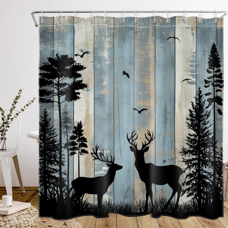 MYUSRE Rustic Cabin Deer Shower Curtain Set with Bathroom Rugs,