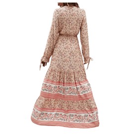 Floerns Women's Floral Print Boho V Neck Long Sleeve Flowy Maxi Dress Apricot S