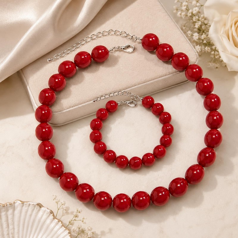 Zxcog Chunky Red Beaded Necklace for Women Adjustable 16MM Red