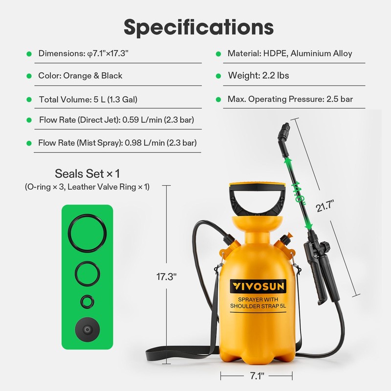 VIVOSUN 1.35Gal/5L Pump Pressure Sprayer, Pressurized Water Spray Bottle with