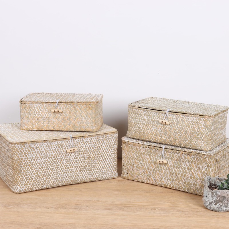 FEIALNDUO Wicker Shelf Baskets with Lid,Seagrass Storage Basket Bins Rectangular