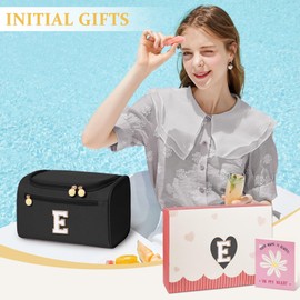 COSHAYSOO Practical Birthday Gifts for Woman Friend Sister Bestie 16 17 18 19 20 21 25 30 Year old, Initial Hanging Toiletry Bag Waterproof for Women Travel Skin Care Toiletries Black Letter E