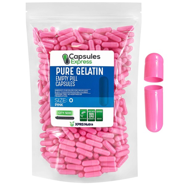 Capsules Express- Size 0 Pink Empty Gelatin Capsules 500 Count - Kosher and Halal - Pure Gelatin Pill Capsule - DIY Powder Filling