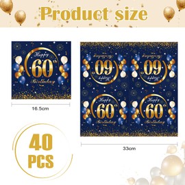 Blue Gold Happy 60th Birthday Napkins, Wentsent 40 Pcs 60th Happy Birthday Party Napkin Disposable, Birthday Serviettes Tissue Cocktail Napkins for Men Women He Her 40th Birthday Table Decorations