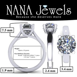 NANA Jewels Silver 10.00mm (4.00ct) Round Cut Zirconia Lucita Solitaire Engagement Ring-Platinum Plated-Size 8.5