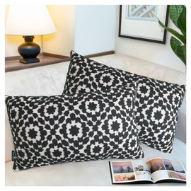 2PCS Pack Decorative Embroidered Summer Lumbar Pillow Cover 12"x20", Black Mina Trellis Sofa Throw Pillow Pattern, Cotton Canvas Bolster Cushion Case for Bed Couch Living Room Decor(Black and White)