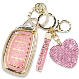 Simocky Compatible with Hyundai Key Fob Cover with Diamond Keychain, Compatible with Elantra Ioniq Sonata Tucson Elantra GT Smart Remote Key Protector for Women (4 Buttons-Pink Heart)