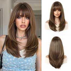 Esmee Long Straight Brown Wigs for Women with Fringe Natural Synthetic Hair Ombre Wig for Daily & Party Use