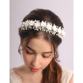 Teyglen White Flower Headband Bride Wedding Headband White Flower Pearl Hair Crown Band Princess Flower Headpiece Floral Hair Accessories for Women Birthday Prom Photography(Headband-2)