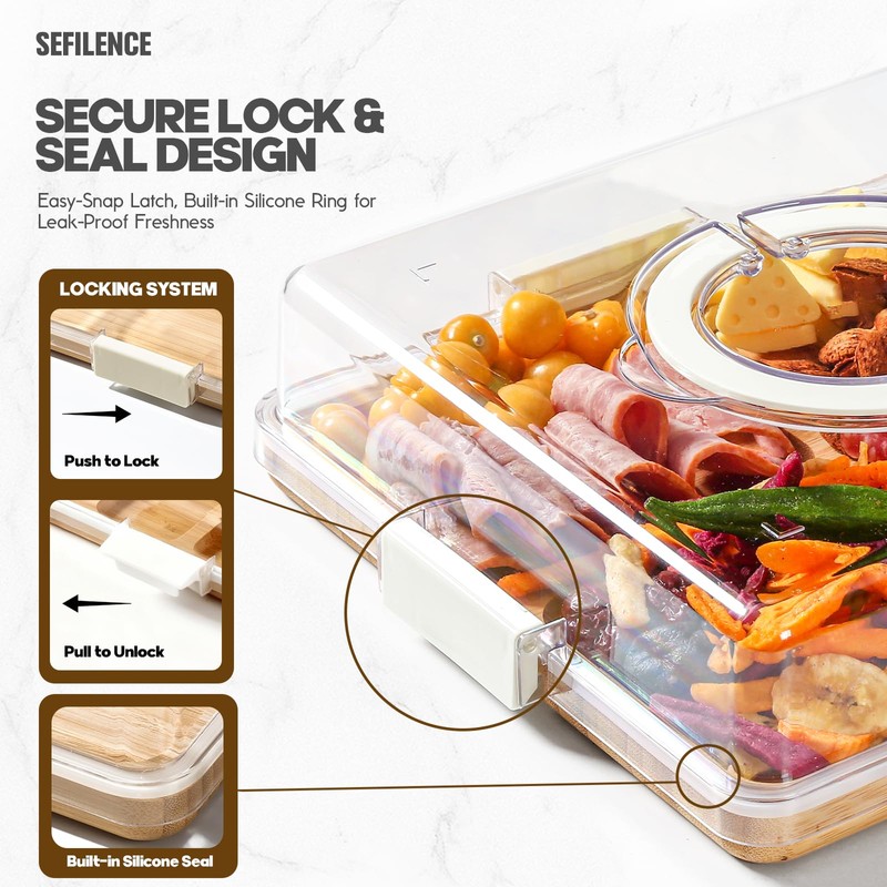 Charcuterie Board with Clear Locking Lid and Handle, 6 Compartment