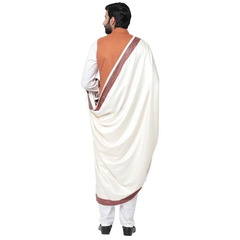 Weavers Villa Men's Woven Border White Woollen Lohi/Shawl White Large-MS-987-WHITE