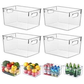 KJIXYUNG Fridge Organiser Set, Transparent Storage Box Organiser, Stackable, Organiser Boxes for Fridge, Cupboard, Pantry, Snacks, Cans, Kitchen - BPA-Free, 29 x 20 x 15.5 cm