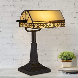 Lavish Home Tiffany-Style Bankers Lamp - Vintage-Looking Mission-Style Table or Desk LED Light with Stained Glass Shade (Dark Brown)