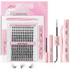 FONXJE DIY Lash Clusters Kit for At-Home Eyelash Extensions | 240 Cluster Lashes (10mm-18mm) with Lash Glue, Bond Sealer & Tweezers | Reusable Cluster Lash Extension Kit for Natural Volume(W1)
