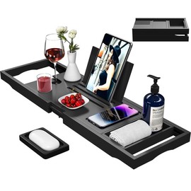Bathtub Caddy Tray for Tub, Expandable Bamboo Bath Table Tray with Book Stand for Home Spa Relaxing, Foldable Minimalist Bathroom Accessories for Women Men - Color: Black（soap box）