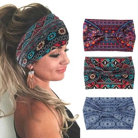 GORTIN 3 Pack Boho Wide Headbands African Turban Head Bands Leopard Stretch Knotted Head Wraps Floral Elastic Yaga Hair Bands Sweatbands Fashion Hair Accessory for Black Women and Girls