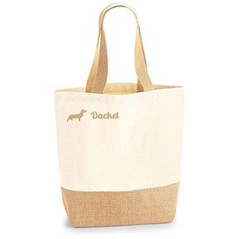 Dachshund Girl Jute Jute Shopper Shopping Bag Dog Motif Embroidery Cotton Bag Fabric Bag Embroidered Long Handle 24 x 41 x 13 cm Gift Idea Dog Bag, natural, Minimal