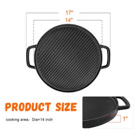 GGC Reversible Cast Iron Griddle, Double-sided Griddle Pan for Stove Tops, Gas Grills and Outdoor Cooking, 14 inch Grill Griddle with Baking Flat and Ribbed