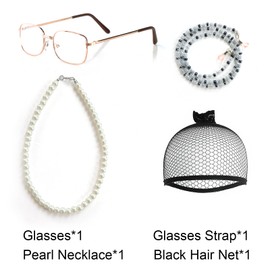 ANOGOL Hair Cap+ 5pcs Old Lady Wig Set Grandma Wigs Granny Wig and Accessories Grey Curly Wigs Old Lady Costume Women 100 Days of School Outfit Halloween Party (Glasses+ Eyeglass Chain+ Necklace)