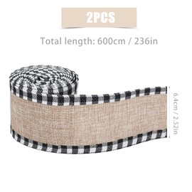 LUTER 2 Rolls 6 Yard Plaid Ribbon Burlap Fabric for Crafts, Plaid Burlap Wired Ribbons Strap Christmas Decorations for DIY Crafts Making Countryside Style Bow-Knot (Black and White)