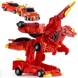 YTKIH Collision Transforming Dinosaur Car Toy, 2 in 1 Magnetic Cars that Transform into Dinosaur Toys for Kids, Fun Transformer Car Robot Toys Birthday Party Gift for Boys Girls, Red
