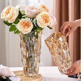 AiiBowy Vase Glas, Boho Blumenvase 23cm, Vasen Groß Bunt, Glas Blume Vase, Vasen Groß Modern, Glasvasen Vintage Rund für Tischdeko,Geschenk Hochzeit,Housewarming Party, Deko (Bernstein)