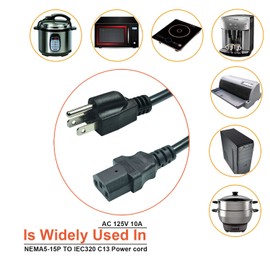 3 Prong 3ft Computer Power Cord, NEMA 5-15P, C13, 125V 10A, 18AWG, Durable Replacement Monitor Power Cord, PC Power Supply Cable, Black AC Power Cord UL Listed