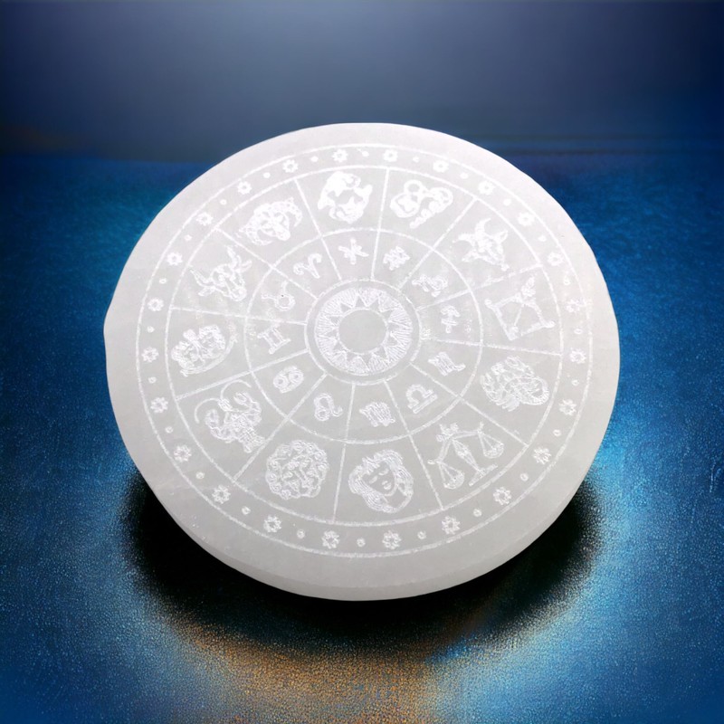 Selenite Charging Plate with Zodiac Sign "Astrology" Engraving Diameter 10.5