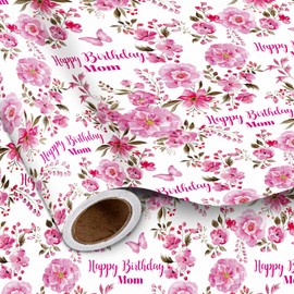 LeZakaa Floral Birthday Wrapping Paper Roll for Mom, Lush Pink Flowers, Happy Birthday Mom Lettering Gift Wrap for Mom's Birthday, Mother's Day，for Women, Female, Mini Roll, 17 inches x 16.4 Feet