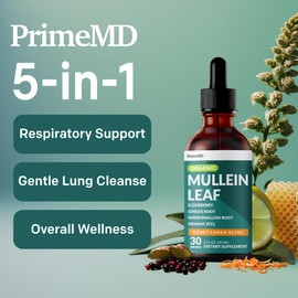 5-in-1 Mullein Drops for Bronchial and Respiratory Support with Mullen Leaf Extract Lung Supplement - Mullein Tincture with Elderberry and Ginger Root, Honey Lemon Flavor (60 Servings, Pack of 2)