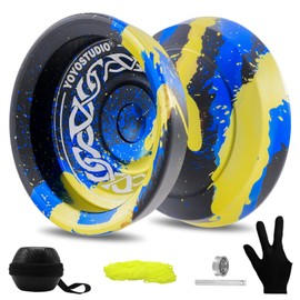 YOYOSTUDIO F25 Finger Spin Yoyo Professional Responsive Yoyo for Kids 8-12, Professional Yo Yo for Adults with Unresponsive Yoyos Accessory Kit, 10 Yo-Yo Strings, Case & Glove - Black Blue Yellow