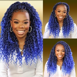 New Goddess Locs Crochet Hair 8 Packs 12inch Blue River Faux Locs Crochet Hair Boho Faux Locs Wavy Crochet Curly Hair with Curly Ends Synthetic Hair Extensions (12" 8Packs T1B/Blue#)