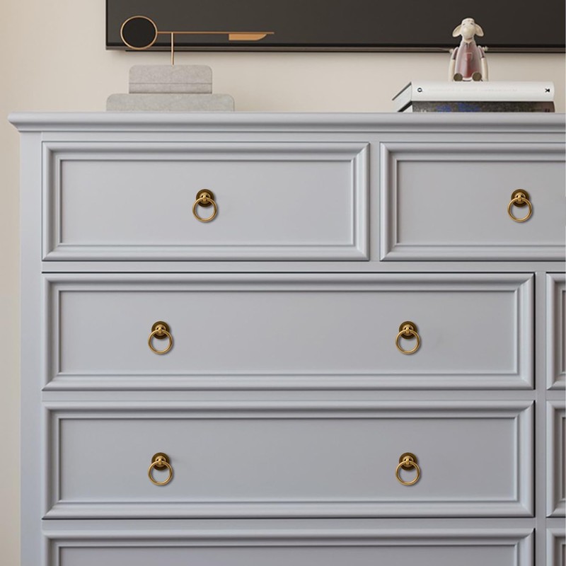 RZDEAL 8 Pack Solid Antique Brass Cabinet Pulls Ring Drawer