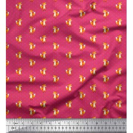 Soimoi Pink Poly Crepe Fabric Dot & Fox Cartoon Print Fabric by The Yard 52 Inch Wide